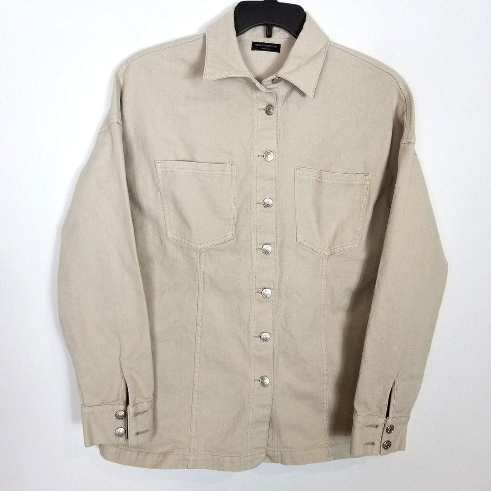 Naked Wardrobe The Cargo Denim Jacket Women Sz L Beige‎ Button Up Relaxed Boho